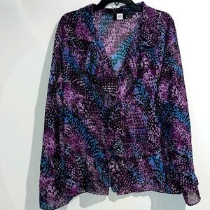 Studio 1940 purple black blue animal print sheer button down top. Size 1…
